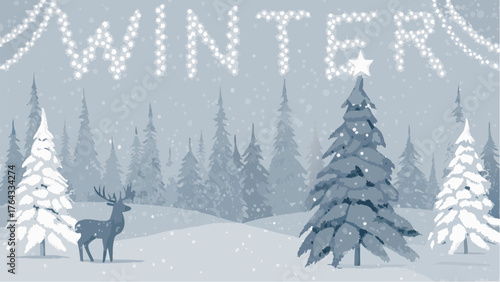 Illustration of a winter scene with a deer, snow covered trees and the word winter in string lights above it