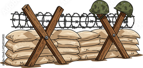 Illustration of a Military Sandbag Bunker with Barbed Wire and Helmets, Providing Defense in a Warzone, symbolizing Conflict and Protection. Use this Graphic Resource for Presentations, Website, or Hi