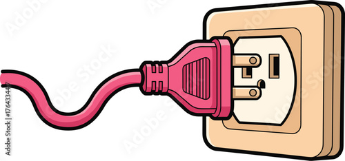 Pink Electrical Plug Inserting into Wall Socket for Power Connection, Providing Electricity at Home, Illustrating Energy Consumption and Use in a Modern, Colorful, Cartoon Style Image for Presentation