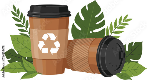 Recycled Coffee Cups in Natural Setting for Eco-Friendly Branding & Sustainability Campaigns: Two disposable coffee cups surrounded by lush green leaves represent environmental awareness and zero wast