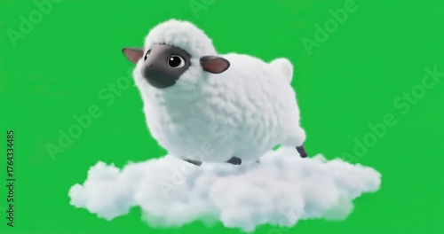 fluffy white cartoon sheep is joyfully jumping on a cloud against a green screen background.
