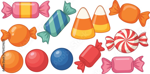 Colorful Candy Collection for Halloween Treats & Festive Celebrations - Sweet Assortment of Wrapped Candies, Balls & Corn Confections for Holiday Marketing, Parties & Decorations - Cartoon Style for K