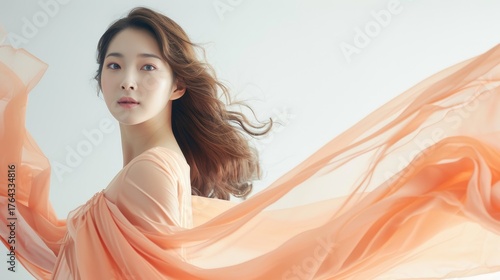 Young woman with long brown hair poses elegantly in a peach-colored dress, with a flowing fabric