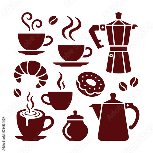Dark red coffee cups steam croissant donut moka pot and sugar bowl vector