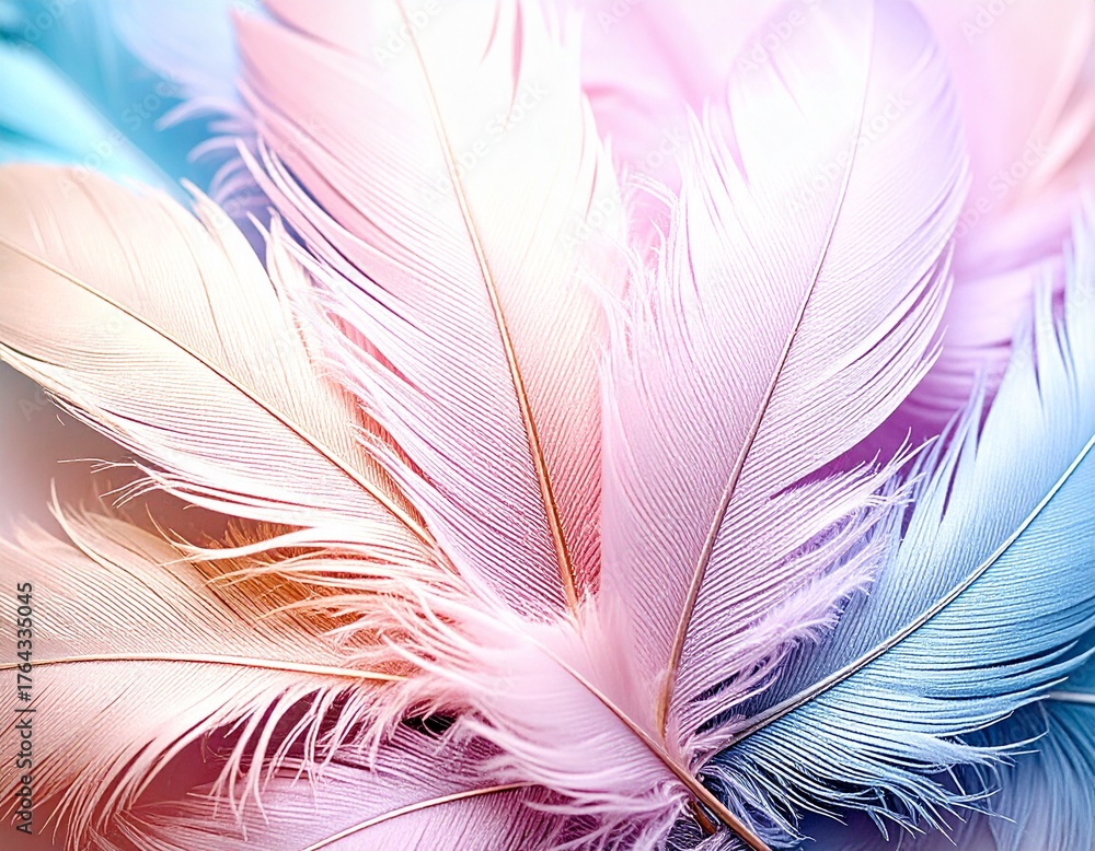 Fototapeta premium pink, white and blue soft pastel feathers background with copy space