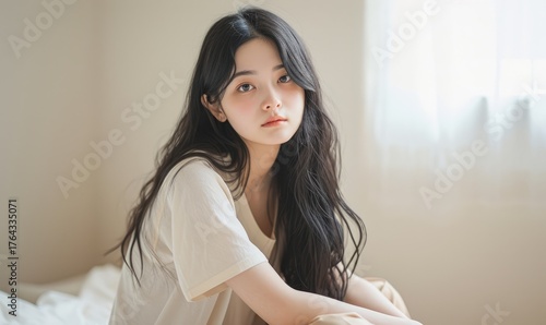 Young woman with long black hair sits calmly indoors, wearing a light beige shirt.