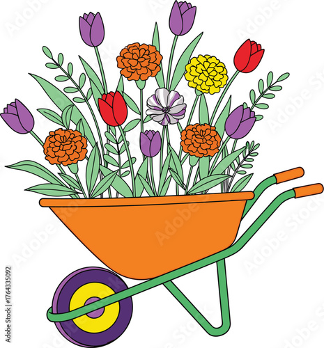 Vibrant Wheelbarrow Overflowing with Springtime Flowers: A Colorful Garden Accent Piece Displayed in a Sunny Outdoor Setting for Landscaping, Gardening, and Home Decor Projects.  Ideal for Illustratio