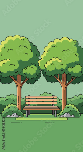 Tranquil Park Bench Scene Illustration Amidst Lush Greenery – A Serene Escape Depicting Relaxation, Reflection and Nature, Ideal for Editorial, Education, and Wellness Content, Featuring Calm Colors a