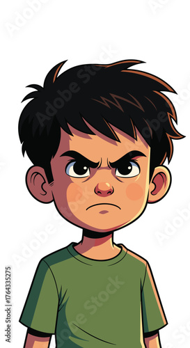 Cartoon Boy with an Angry Expression: Depicting Frustration, Irritation, and Childhood Emotions in a Digital Illustration Style for Educational Materials, Children's Books, and Animated Content, Featu