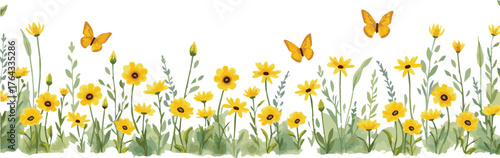 Seamless horizontal floral border with yellow flowers, green leaves, butterflies, and plants. Watercolor pattern on white background.