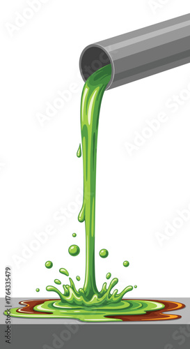 Toxic Waste Discharge from Pipe Creating Pollution: Environmental Hazard Illustration for Industrial Safety Presentations & Educational Materials Featuring Green Slime Spill, Dangerous, Wasteful Drain