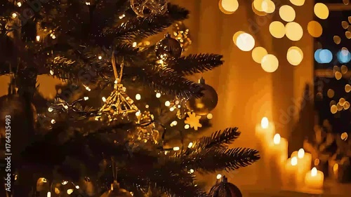 a room decorated with a Christmas tree with gold ornaments and soothing candles. 4k UHD quality.