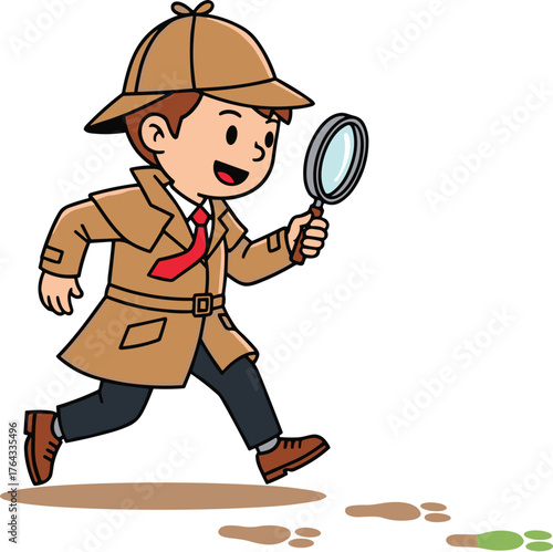 Cartoon Detective Boy Investigating Clues with Magnifying Glass, Following Footprints in Outdoor Mystery Adventure, Cartoonish Style for Children's Education and Creative Projects, Ideal for Presentat