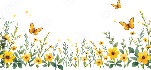 Floral seamless horizontal border with abstract yellow flowers, green leaves and plants, flying butterflies. Watercolor isolated pattern on white back