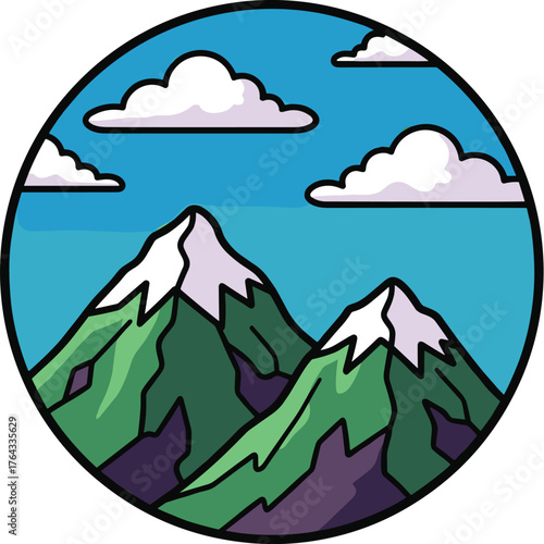 Cartoon Mountains Landscape Illustration: Two Green Peaks with Snowy Tops on a Light Blue Sky Background, Perfect for Adventure, Travel, and Nature-Themed Designs. Use for Educational Resources, Prese