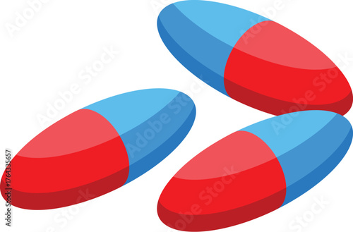 Three red and blue capsules represent medicine, healthcare, and the pharmaceutical industry
