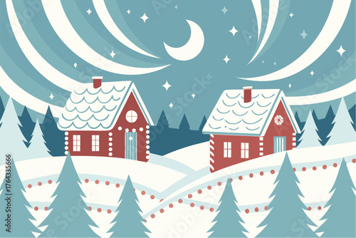 Illustration of two houses with snow covered roofs under a crescent moon and starry sky in winter landscape