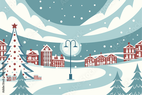 Winter scene with christmas tree, houses, street lamp, snow and clouds in a stylized illustration