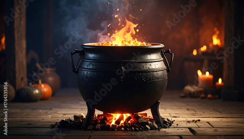 Burning cauldron with flames and smoke in dimly lit interior setting