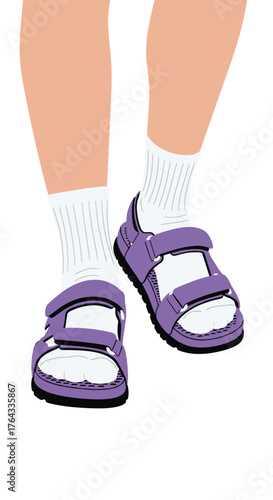 Legs Wearing Socks and Sandals Standing on White Background in Vector Illustration Style: Comfortable Feet in Purple Strappy Sandals, Modern Casual Fashion for Relaxed Lifestyle, Presentation Backdrop