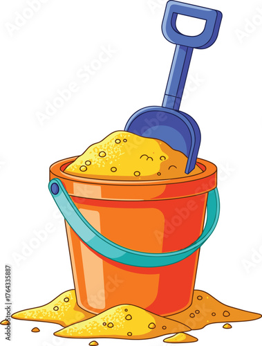 Orange Bucket Filled with Beach Sand and Blue Shovel Ready for Play at the Seashore,  Childhood Vacation Fun, Summer Holiday Activity,  Cute Cartoon Illustration for Educational Materials or  Websites