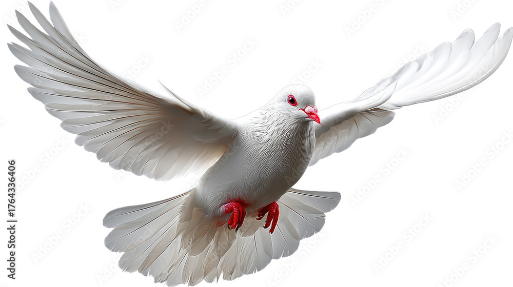 Obraz premium Dove of Peace in Flight: A pristine white dove, symbolizing peace and freedom, gracefully soars through the air, its wings spread wide in a gesture of hope and tranquility.