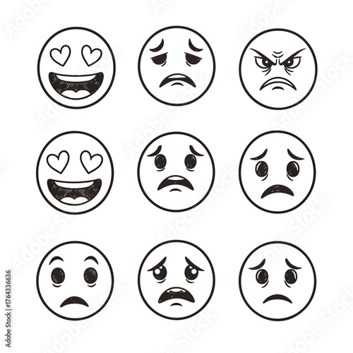 A collection of nine handdrawn sketch style emoji faces expressing love sadness and anger.