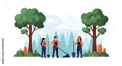 Three people in work clothes planting trees against a forest backdrop
