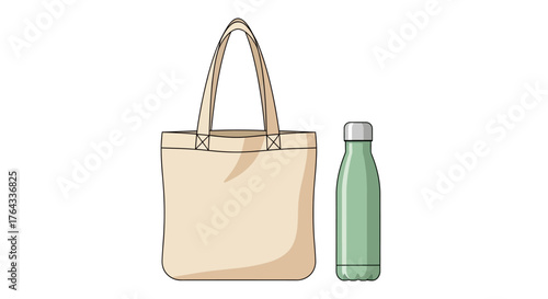 Tote bag  water bottle beige fabric carrier next to a green metal flask with silver cap