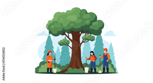 Three people plant a tree against a forest backdrop holding shovels and buckets
