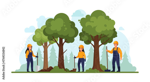 Tree planting scene showing three workers near trees with tools