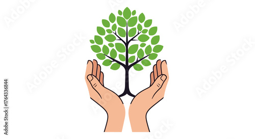 Two cartoon hands gently cradle a stylized tree with bright green leaves