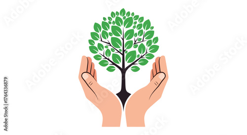 Two hands cup a tree with green leaves and a brown trunk set on a white background