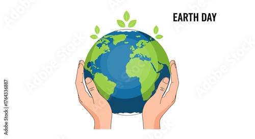 Two hands hold a globe with leaves above marked EARTH DAY