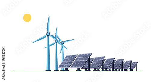 Wind turbines and solar panels stand on a plain under a yellow sun