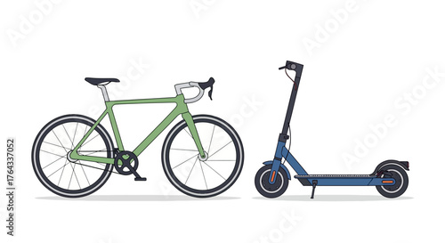 A bicycle and an electric scooter are juxtaposed side by side against a white backdrop