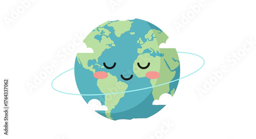 A cartoon Earth with a serene face surrounded by a light blue orbit line