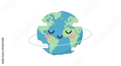 A cartoon Earth with closed eyes rosy cheeks and a white orbital ring