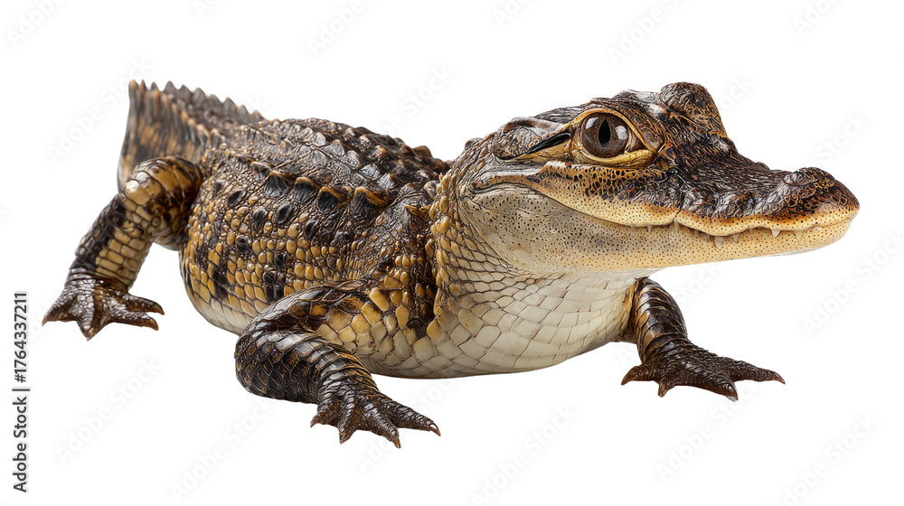 Naklejka premium Crocodile in the spotlight: A detailed photo of a crocodile, its skin textures and features, with a side profile, creating a visually interesting look.