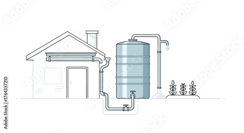 A rainwater harvesting system by a house collects water in a tank for irrigation
