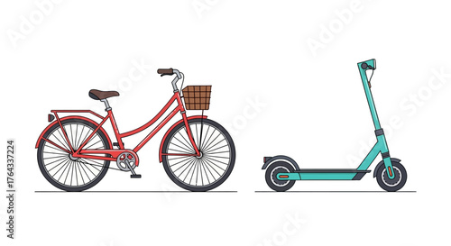 A red bicycle with a basket sits next to a blue scooter on a white background