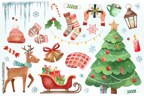 Christmas watercolor set. Reindeer, gifts, tree, sleigh, cocoa and lights. Hand drawn winter clipart. Xmas. Holiday magic time.