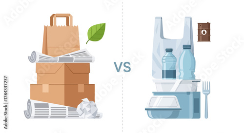 A split image contrasting paper products with plastic and oil highlighting environmental concerns