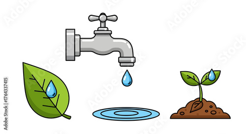 Cartoon faucet water plant leaf drops
