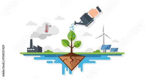 Cartoon scene showing plant watered as factory emits smoke with solar panels and wind turbine nearby