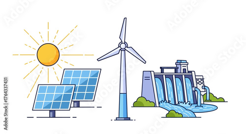 Cartoon image showing renewable energy sources sunsolar panels wind turbine and hydroelectric dam