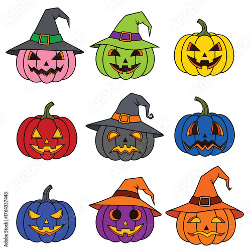 A colorful collection of cartoon Halloween Jackolanterns with spooky carved faces and wearing various witch hats.