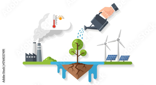 Climate solutions vs pollution tree watering renewable energy
