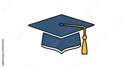 A simple illustration of a dark blue graduation cap with a yellow tassel.