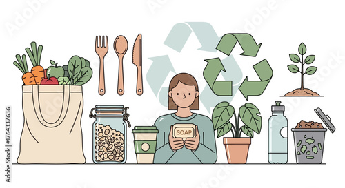 Ecofriendly items food plant recycle sign and a person holding soap